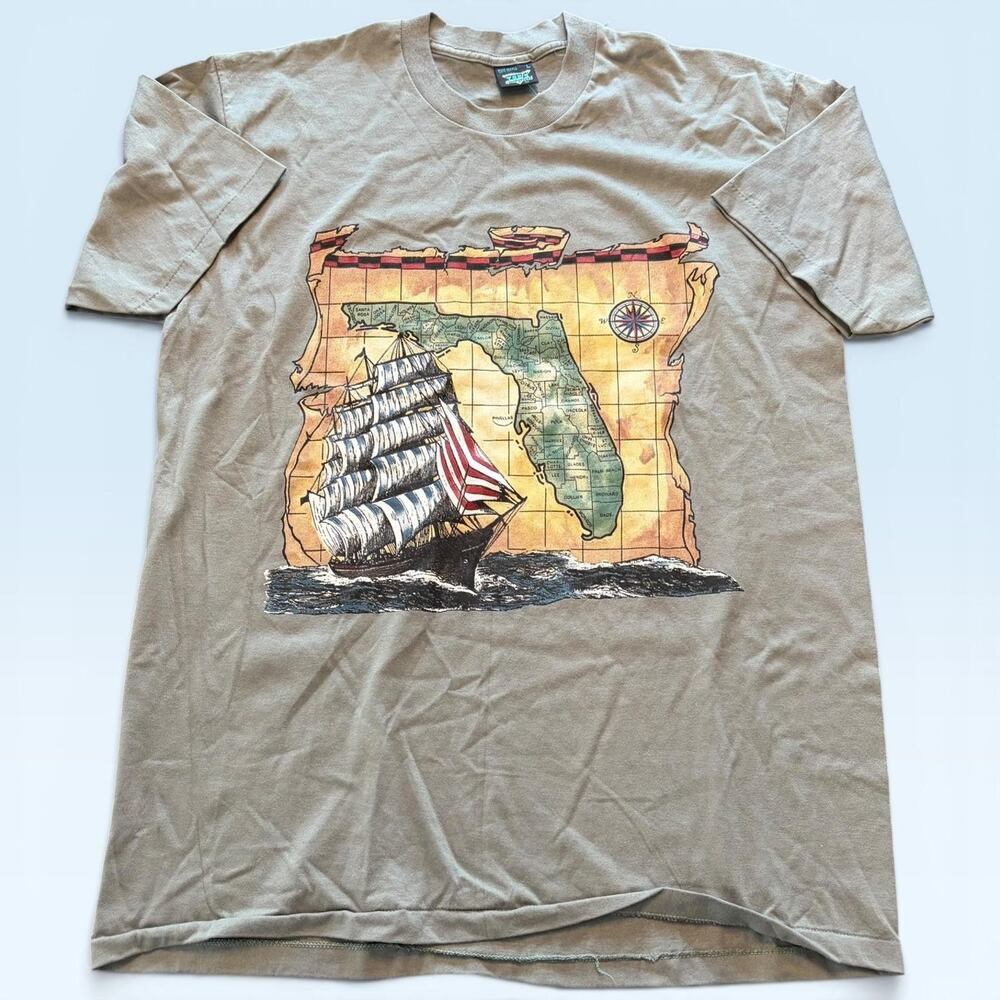 Vintage Florida Map Shirt Mens Large Gray Nautical Tee T-Shirt Tees Unlimited